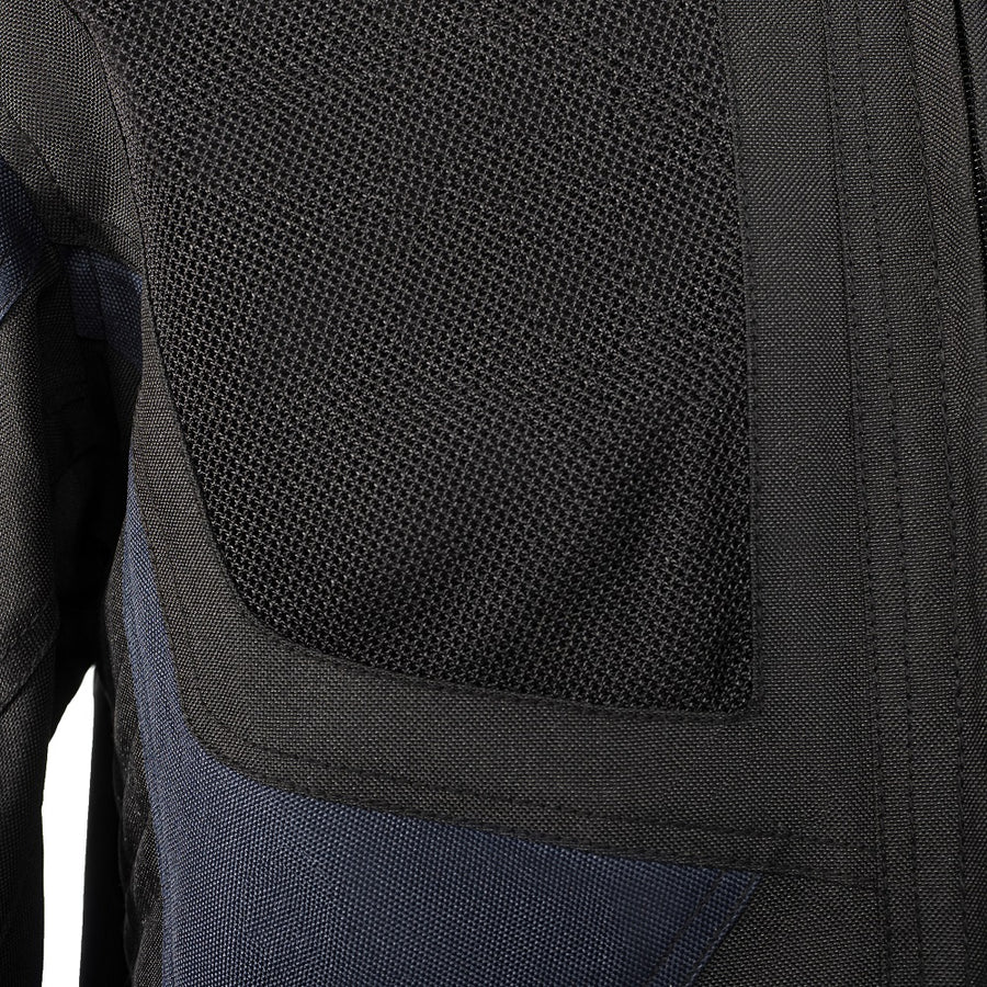 Corelli MG Rocket blue black motorcycle textile jacket, mesh, cordura racing, YKK zippers, removable CE protectors, removable inner lining, pockets, close-up photo