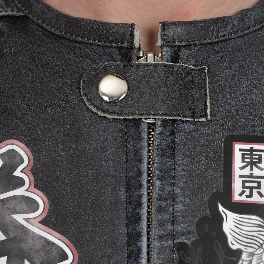 Corelli MG Tokyo Nippon Vintage Fully-Protected Biker Leather Jacket, cowhide leather, CE protectors, perforated leather, motorcycle, close-up photo