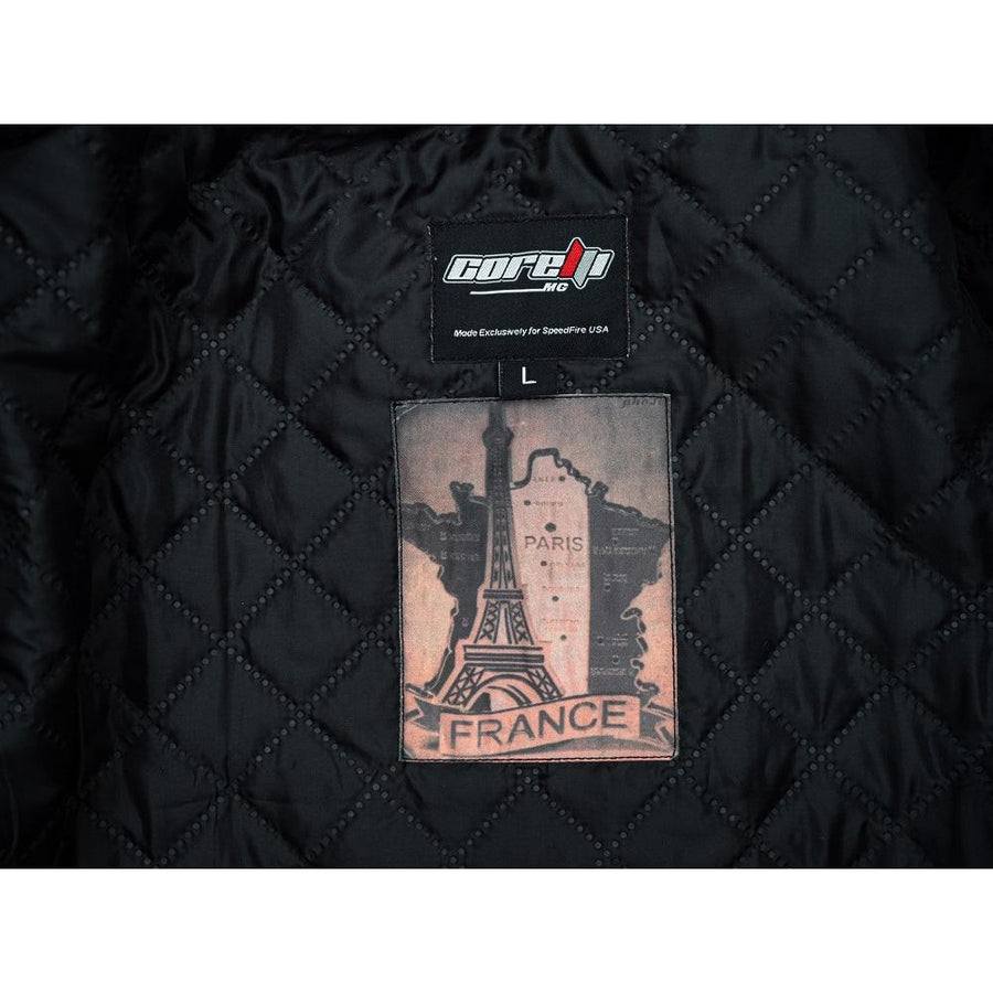 Corelli MG Vive la France brown motorcycle racing retro washed off leather jacket, genuine cowhide leather, removable CE protectors, removable inner lining, pockets, YKK zippers, inner photo