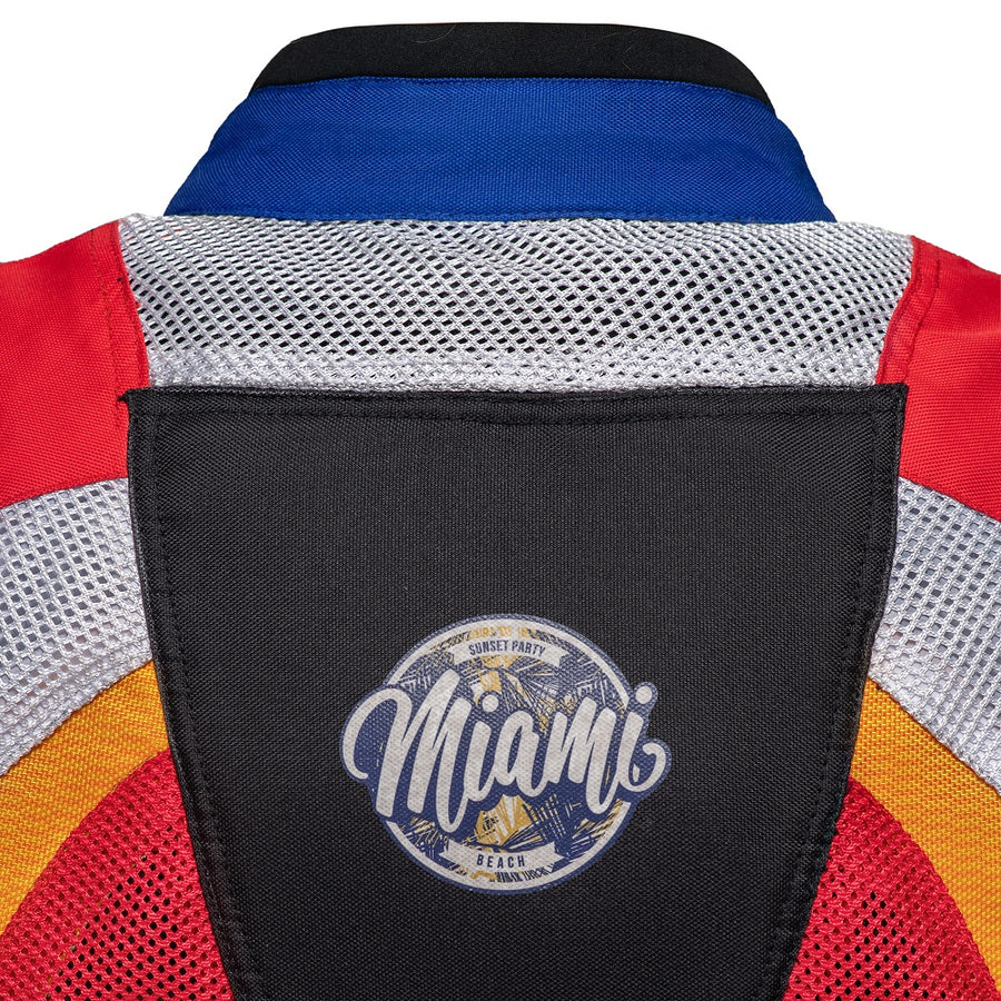 Corelli MG Miami racing team motorcycle textile protected jacket, removable CE protectors, mesh, cordura, removable inner lining, blue, red, orange, YKK zippers, pockets, close-up photo