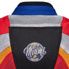 Corelli MG Miami racing team motorcycle textile protected jacket, removable CE protectors, mesh, cordura, removable inner lining, blue, red, orange, YKK zippers, pockets, close-up photo