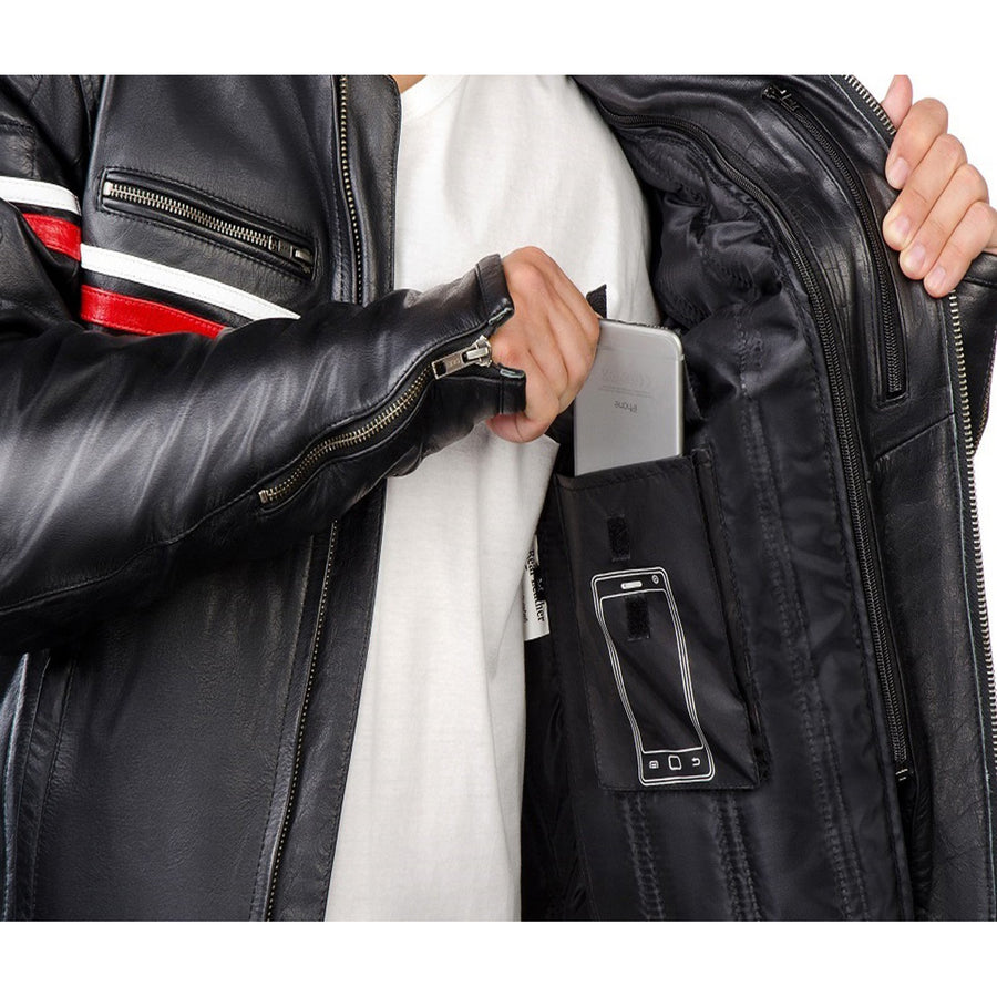 Corelli MG metropolis black motorcycle leather jacket, cowhide leather, red, white, YKK zippers, removable CE protectors, removable inner lining, pockets, close-up photo