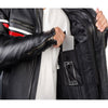 Corelli MG metropolis black motorcycle leather jacket, cowhide leather, red, white, YKK zippers, removable CE protectors, removable inner lining, pockets, close-up photo
