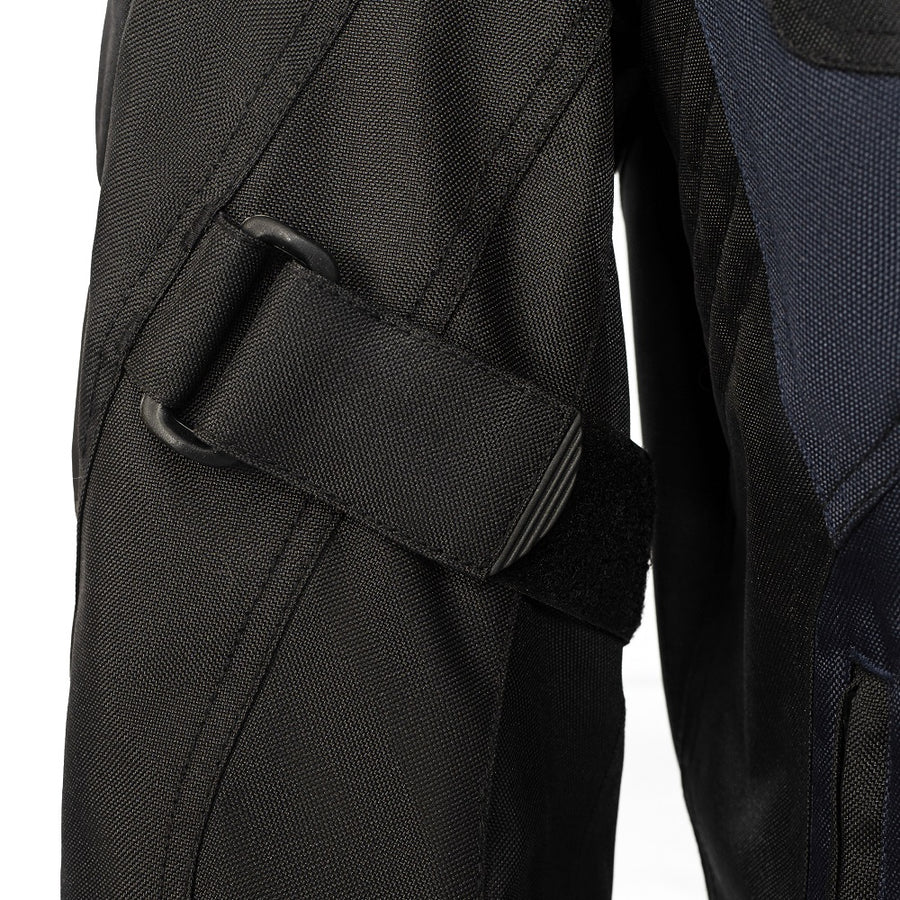 Corelli MG Rocket blue black motorcycle textile jacket, mesh, cordura racing, YKK zippers, removable CE protectors, removable inner lining, pockets, close-up photo