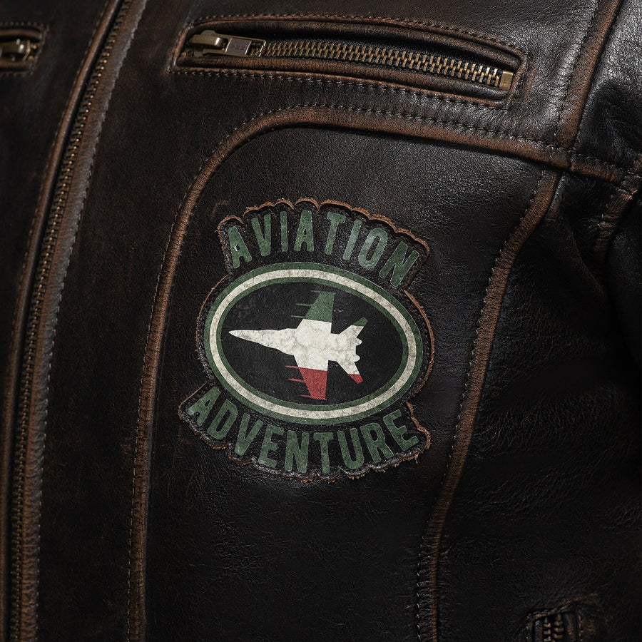 Corelli MG Vivi il momento brown motorcycle racing retro washed off leather jacket, genuine cowhide leather, removable CE protectors, removable inner lining, pockets, YKK zippers, close-up photo