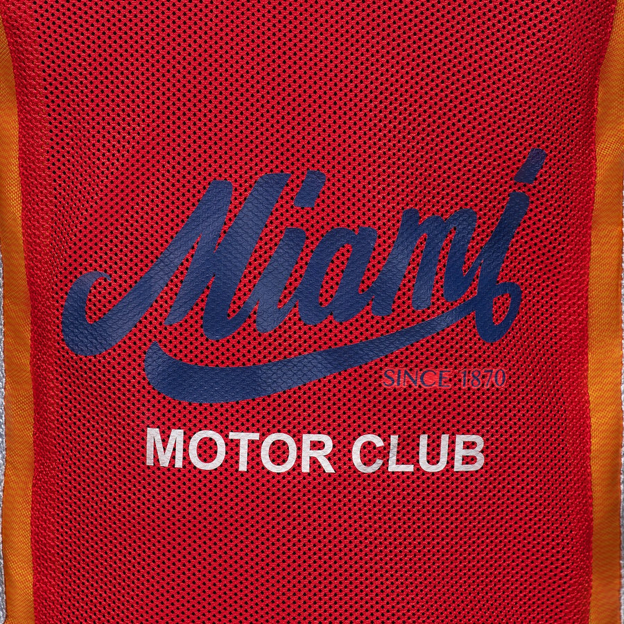 Corelli MG Miami racing team motorcycle textile protected jacket, removable CE protectors, mesh, cordura, removable inner lining, blue, red, orange, YKK zippers, pockets, close-up photo