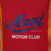Corelli MG Miami racing team motorcycle textile protected jacket, removable CE protectors, mesh, cordura, removable inner lining, blue, red, orange, YKK zippers, pockets, close-up photo
