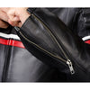 Corelli MG metropolis black motorcycle leather jacket, cowhide leather, red, white, YKK zippers, removable CE protectors, removable inner lining, pockets, sleeve photo