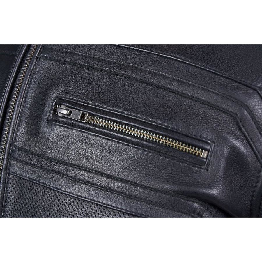 Corelli MG Vanguard Luxe black motorcycle racing leather jacket, genuine cowhide leather, removable CE protectors, removable inner lining, pockets, YKK zippers, close-up photo