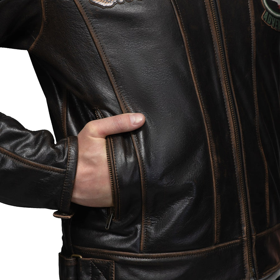 Corelli MG Vivi il momento brown motorcycle racing retro washed off leather jacket, genuine cowhide leather, removable CE protectors, removable inner lining, pockets, YKK zippers, close-up photo
