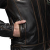 Corelli MG Vivi il momento brown motorcycle racing retro washed off leather jacket, genuine cowhide leather, removable CE protectors, removable inner lining, pockets, YKK zippers, close-up photo