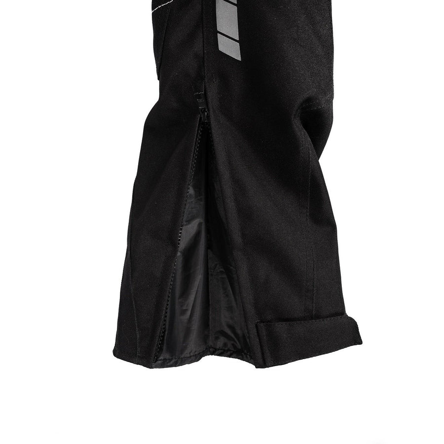 Corelli MG Storm black motorcycle racing textile pants, removable CE protectors, removable inner lining, mesh, cordura, YKK zippers, pockets, close-up photo