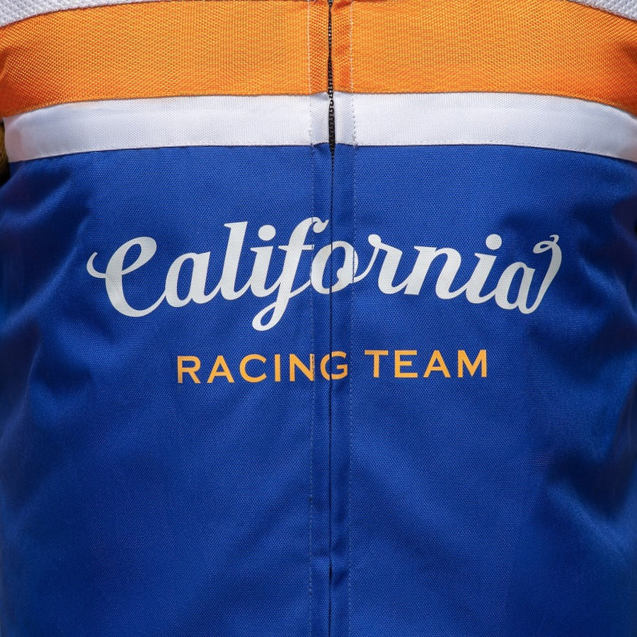 Corelli MG California racing team motorcycle textile protected jacket, removable CE protectors, mesh, cordura, removable inner lining, blue, white, orange, YKK zippers, pockets, close-up photo