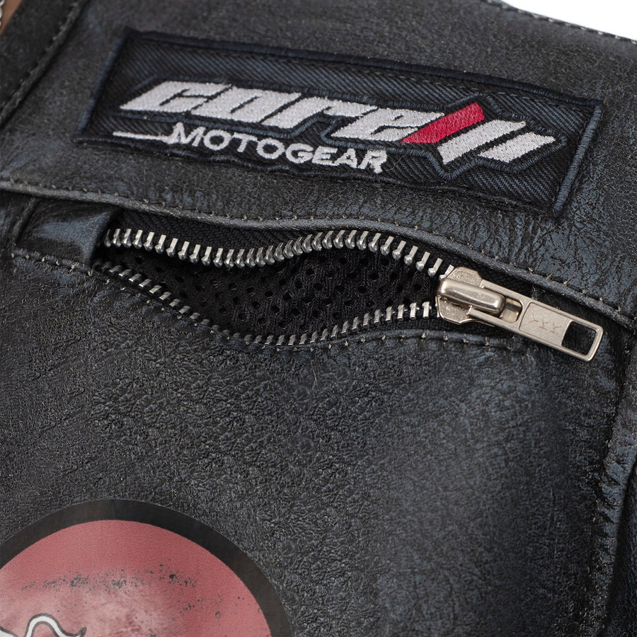 Corelli MG Tokyo Nippon Vintage Fully-Protected Biker Leather Jacket, cowhide leather, CE protectors, perforated leather, motorcycle, close-up photo