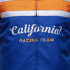 Corelli MG California racing team motorcycle textile protected jacket, removable CE protectors, mesh, cordura, removable inner lining, blue, white, orange, YKK zippers, pockets, close-up photo