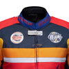Corelli MG Miami racing team motorcycle textile protected jacket, removable CE protectors, mesh, cordura, removable inner lining, blue, red, orange, YKK zippers, pockets, close-up photo