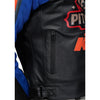 Corelli MG Pit Bull blue black motorcycle leather jacket, cowhide leather, racing, YKK zippers, removable CE protectors, removable inner lining, pockets, close-up photo
