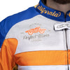 Corelli MG California racing team motorcycle textile protected jacket, removable CE protectors, mesh, cordura, removable inner lining, blue, white, orange, YKK zippers, pockets, close-up photo