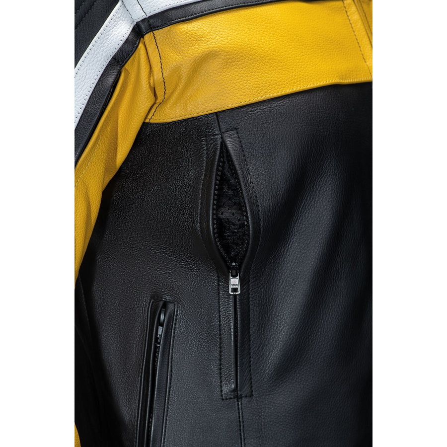 Corelli MG legacy black yellow white motorcycle racing leather jacket, genuine cowhide leather, removable CE protectors, removable inner lining, pockets, YKK zippers, close-up photo