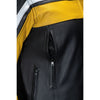 Corelli MG legacy black yellow white motorcycle racing leather jacket, genuine cowhide leather, removable CE protectors, removable inner lining, pockets, YKK zippers, close-up photo