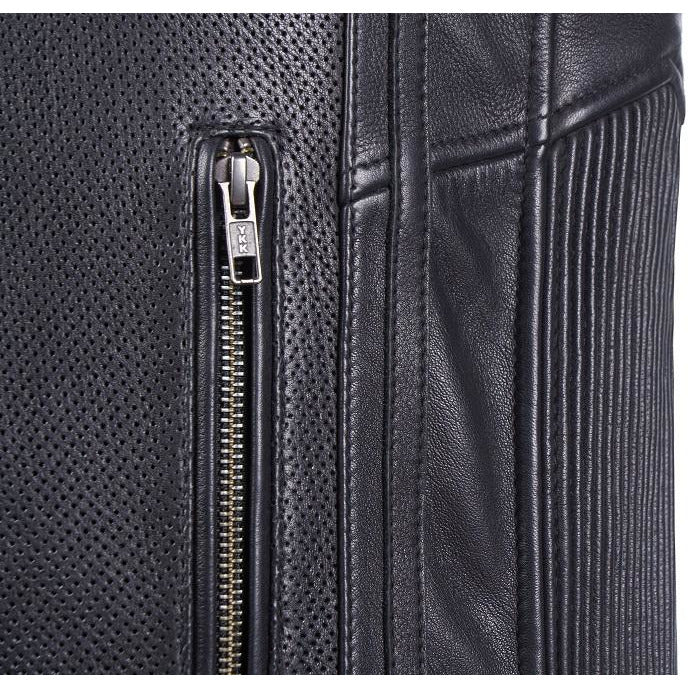 Corelli MG Vanguard Luxe black motorcycle racing leather jacket, genuine cowhide leather, removable CE protectors, removable inner lining, pockets, YKK zippers, close-up photo