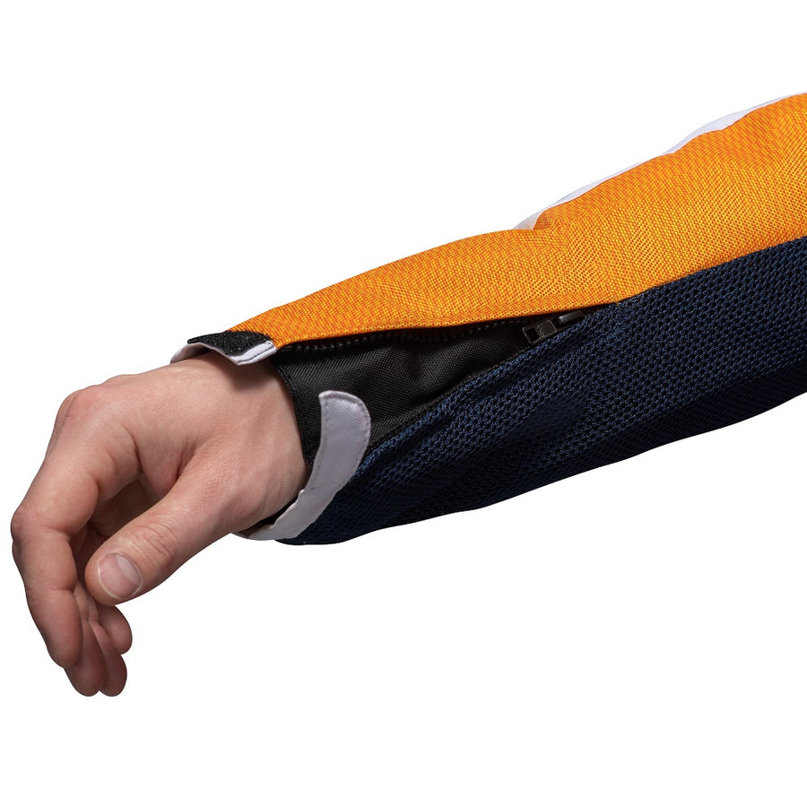 Corelli MG Miami racing team motorcycle textile protected jacket, removable CE protectors, mesh, cordura, removable inner lining, blue, red, orange, YKK zippers, pockets, sleeve photo