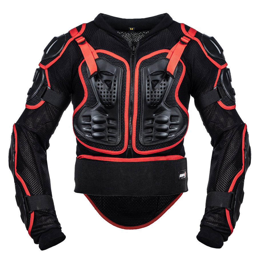 Spartacus three piece motorcycle armored racing suit, CE protectors, vest, pants, knee protectors, mesh, Velcro, front photo