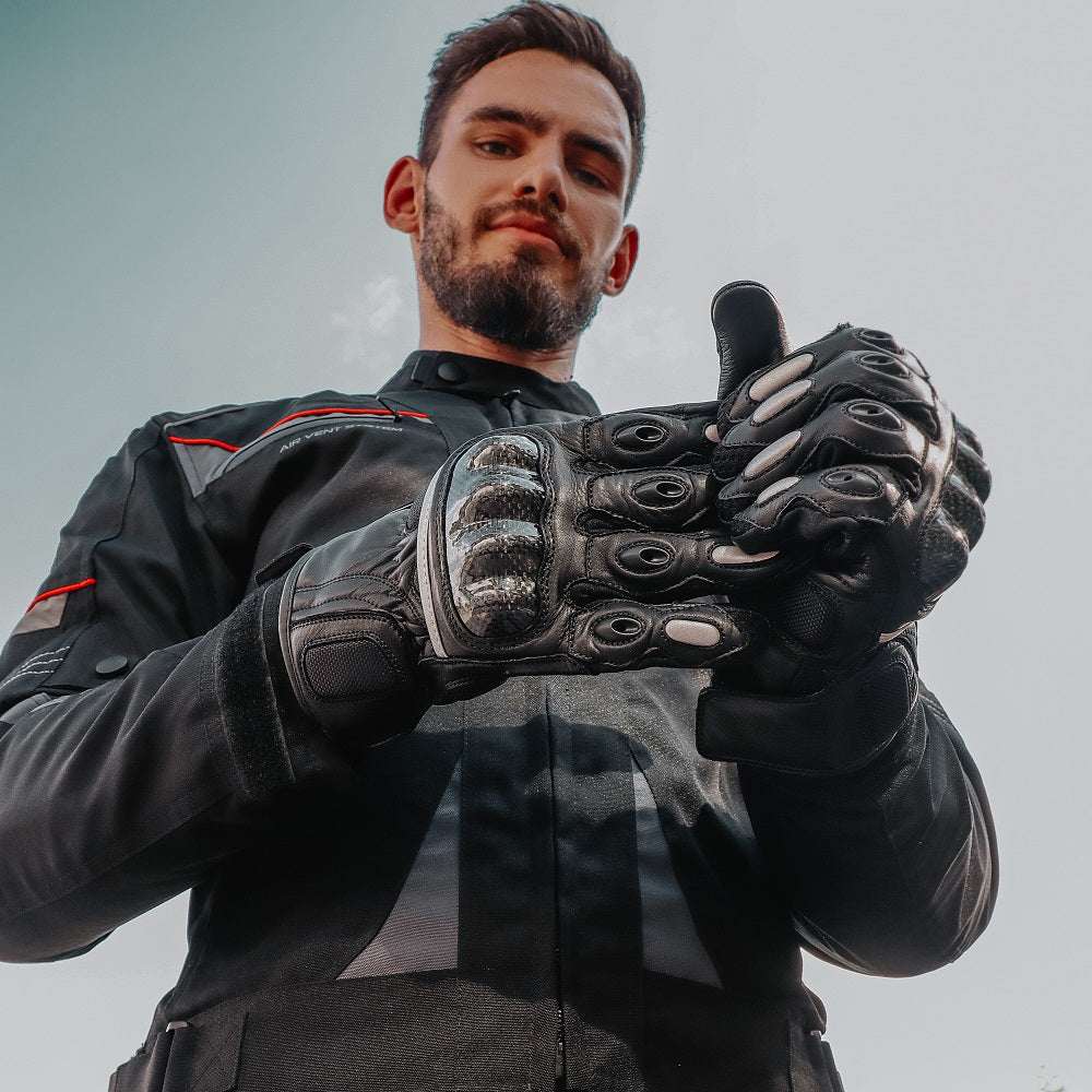 Corelli MG raven carbon racer leather gloves, genuine cowhide leather, front photo