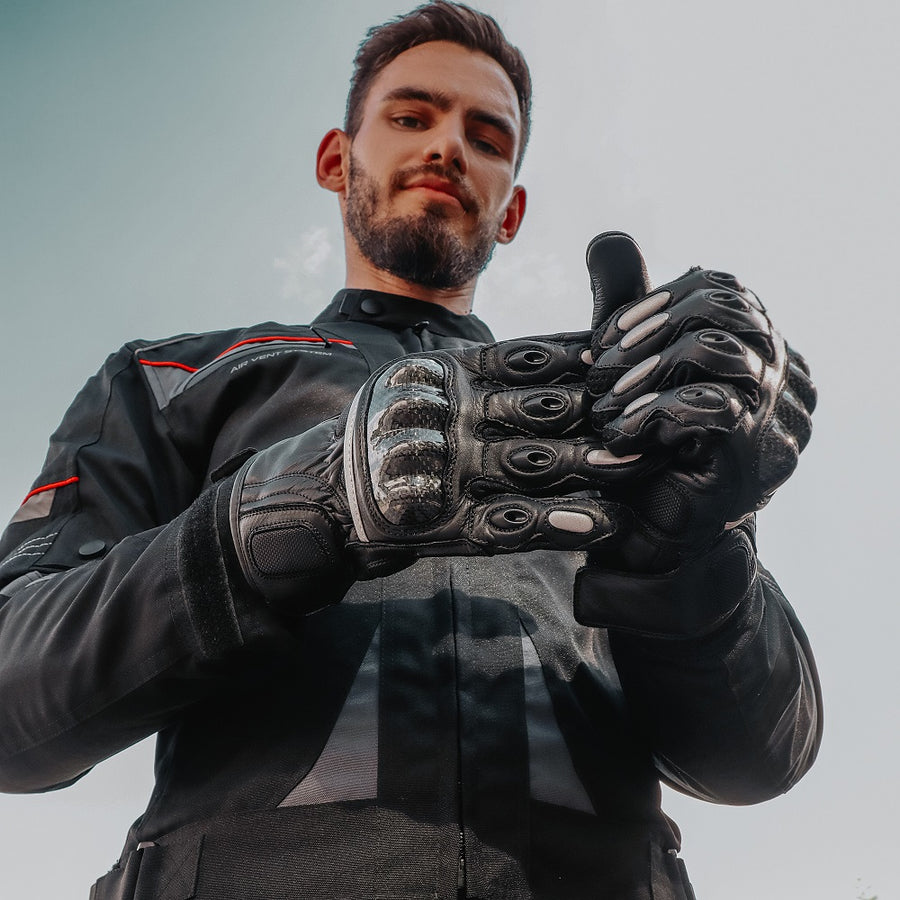 Corelli MG raven carbon racer leather gloves, genuine cowhide leather, front photo