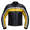 Corelli MG legacy black yellow white motorcycle racing leather jacket, genuine cowhide leather, removable CE protectors, removable inner lining, pockets, YKK zippers, front photo